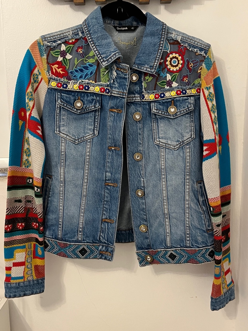 Desigual Blue Denim Jacket with Multicolor Embroidery and Knit Sleeves